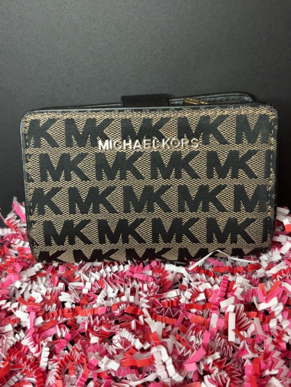 Michael Kors Brown and Black MK Logo Zip Around Wallet